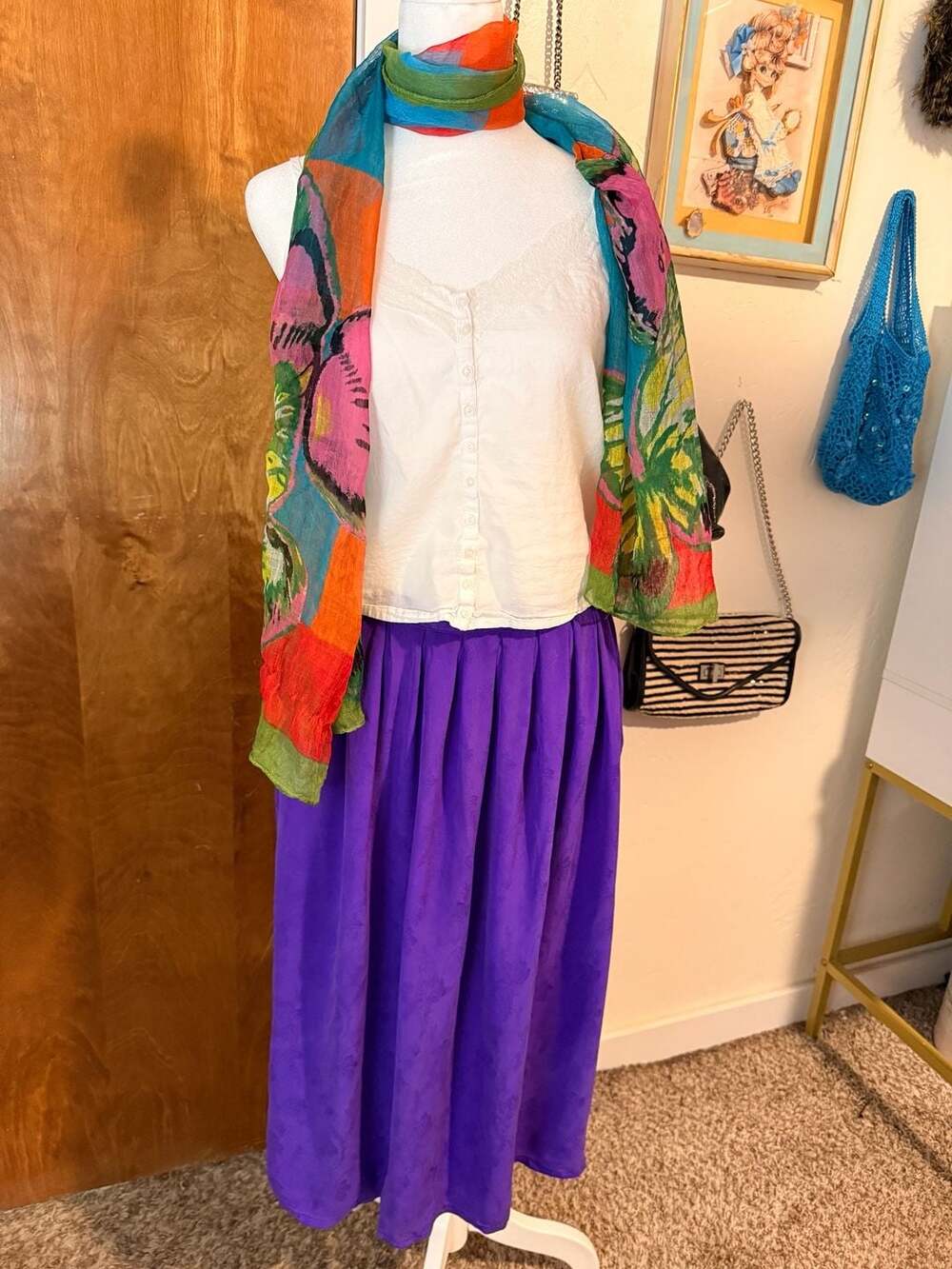 Vintage Tracer Dress 100% Silk Purple Floral Jacquard Pleated Midi Skirt Size 14